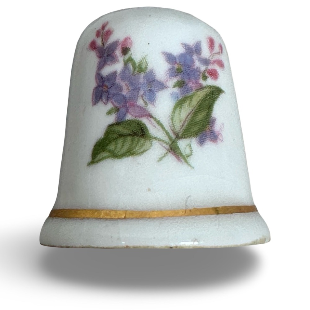 Phoenix Fine Bone China England Thimble Purple Floral Lilac Gold Trim Vintage